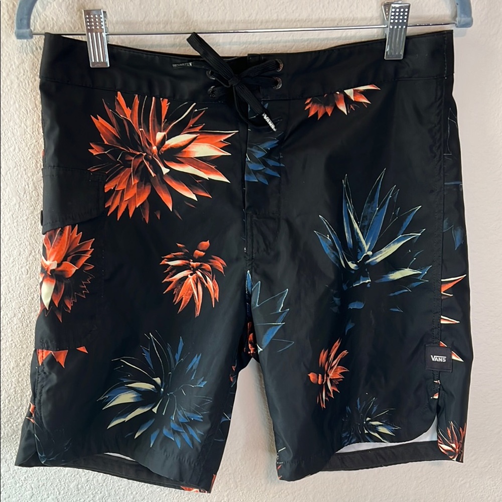 Vans Black and Orange Board Shorts with Tropical Floral Design - Picture 1 of 5